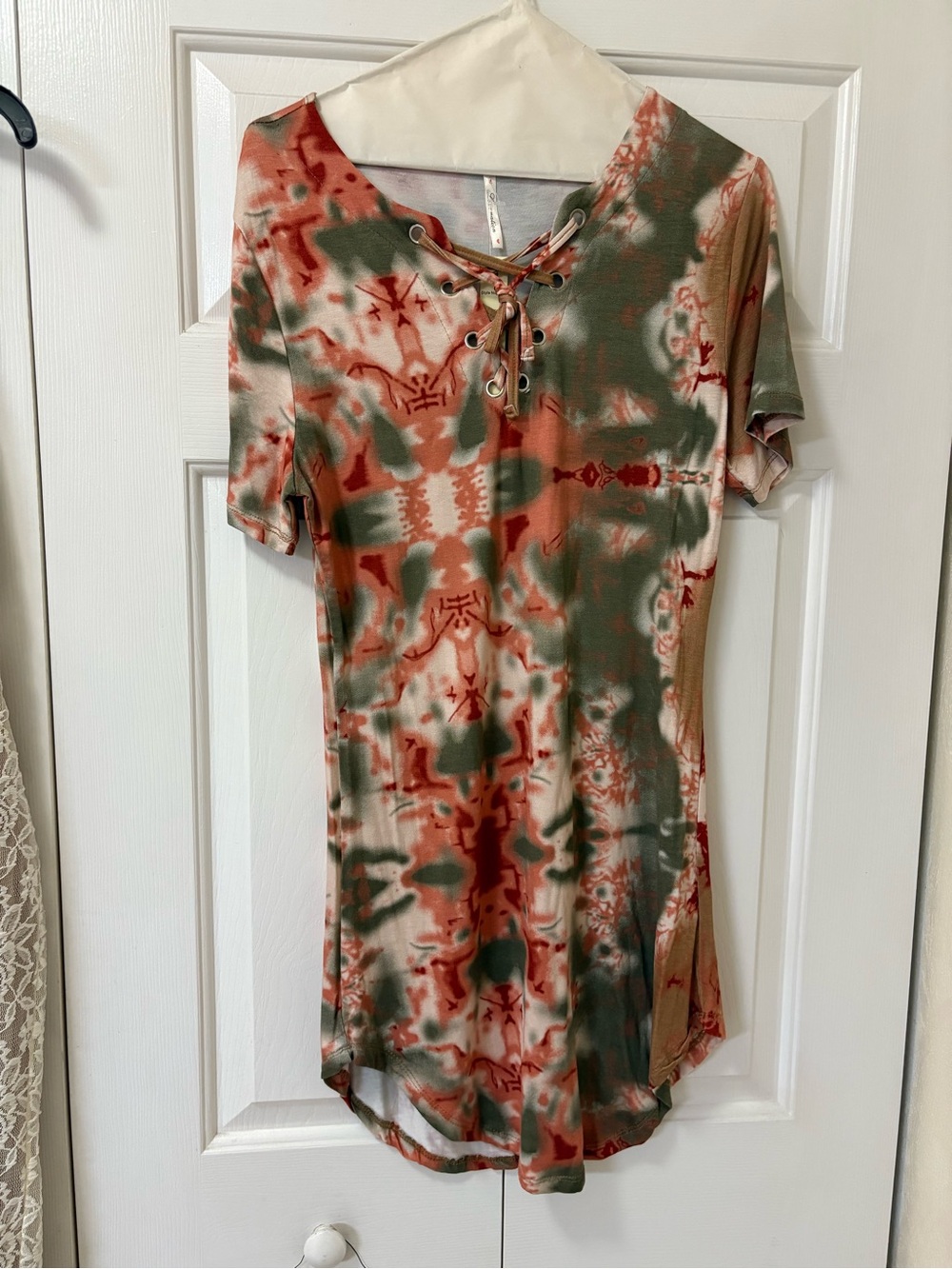 Love Nation Lace-Up Tie-Dye Tunic Top - Green & Rust